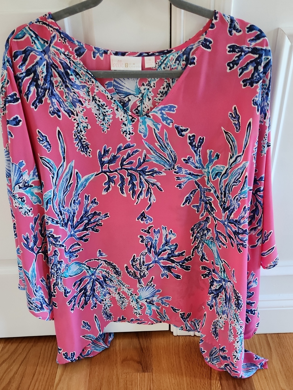 Belle by Kim Gravel, Poncho V-Neck Blouse, Pink With Blue Accents, Sz 1X